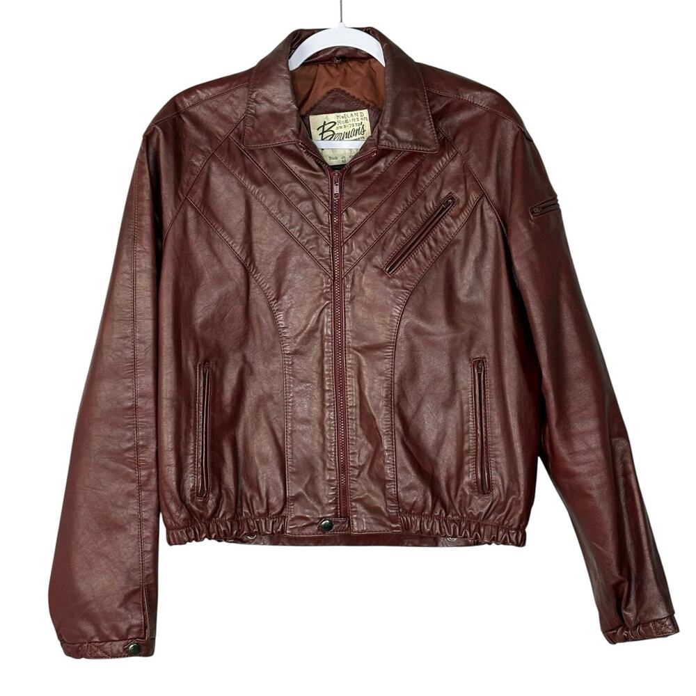 VTG 70s Berman’s Leather Bomber Jacket Western Biker Burgundy Sz Men M Women L